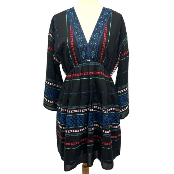 Joie Shada Black Embroidered V Neck Kimono Sleeve Cotton Boho Dress Women Large - Picture 5 of 14